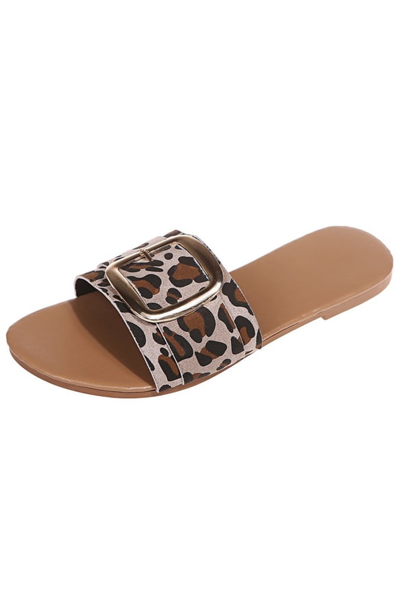 Platform Sandals for Women Plus Size Women's Leopard Print Flat Sandals and Slippers with Metal Buckle