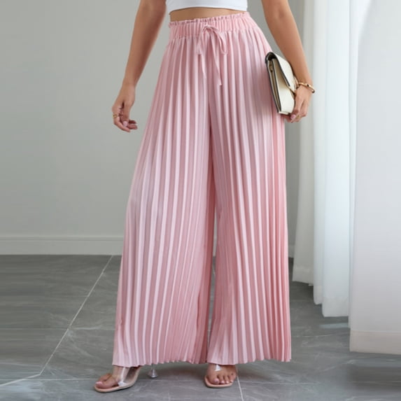 Utoimkio Pleated Wide Leg Palazzo Pants for Women Ruffled Paperbag Waist Drawstring Tie High Waist Flowy Casual Vacation Trousers with Side Hand Pockets