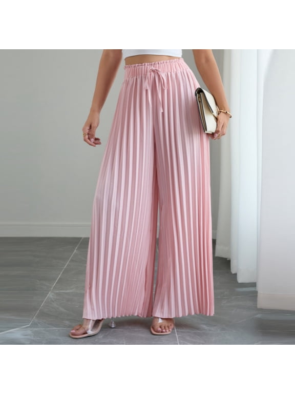 Pleated Wide Leg Palazzo Pants for Women Ruffled Paperbag Waist Drawstring Tie High Waist Flowy Casual Vacation Trousers with Side Hand Pockets