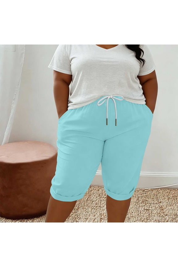 Plus Size Drawstring Cuffed Capri Pants Soft Knit Mid-Calf Casual Cropped Trousers with Side Pockets for Daily Walking Lounging