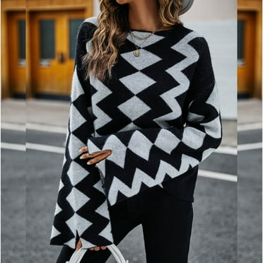 Utoimkio Pullover Sweaters for Women Bell Sleeve Crewneck Loose Fit Knit Sweaters Color Block Outwear Jumper Tops