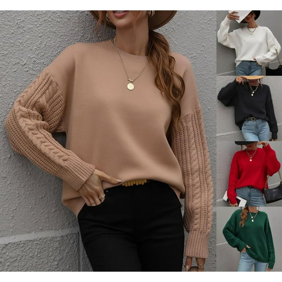 Utoimkio Pullover Sweaters for Women Long Sleeve Crewneck Casual Loose Sweater Winter Solid Knitted Outwear Jumper Tops