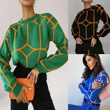 Utoimkio Pullover Sweaters for Women Long Sleeve Crewneck Slim Fit Sweater Winter Knitted Striped Outwear Jumper Tops