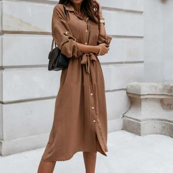 Utoimkio Shirt Dress for Women Casual Button Down Long Sleeve Turndown Collar Belted Midi Dresses for Women Fall Daily Short Dress
