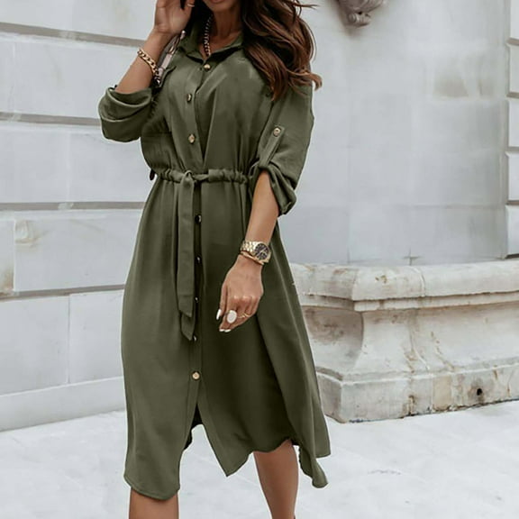 Utoimkio Shirt Dress for Women Casual Button Down Long Sleeve Turndown Collar Belted Midi Dresses for Women Fall Daily Short Dress