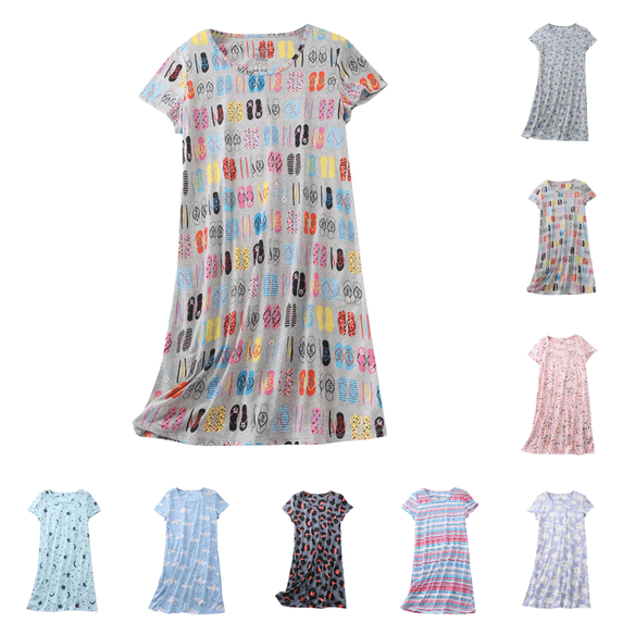 Utoimkio Short Sleeve Nightgowns for Women Cotton Cute Print Crewneck Loose Nightshirts Casual Soft Comfy Nightdress Size S-XL