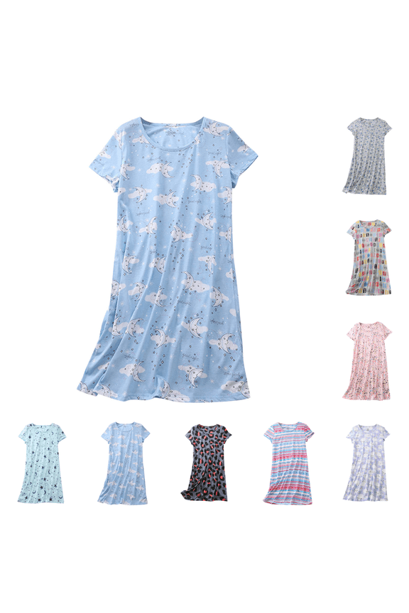 Short Sleeve Nightgowns for Women Cotton Cute Print Crewneck Loose Nightshirts Casual Soft Comfy Nightdress Size S-XL