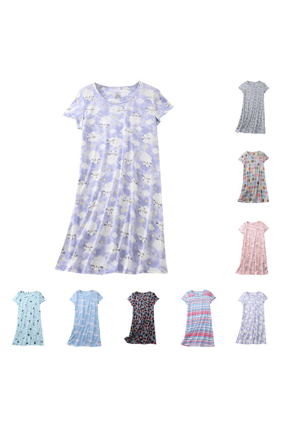 Short Sleeve Nightgowns for Women Cotton Cute Print Crewneck Loose Nightshirts Casual Soft Comfy Nightdress Size S-XL