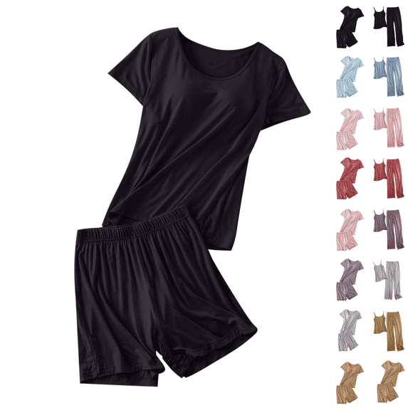Utoimkio Short Sleeve Pajama Sets for Women Padded Built-In Bra Summer T-Shirt and Shorts Two Piece Outfits Summer Soft Comfy Sleepwear Size M-2XL