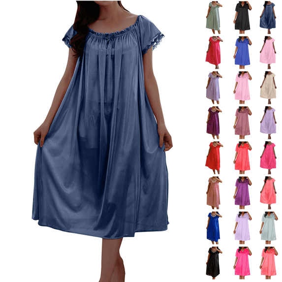 Utoimkio Silky Nightgowns for Women Summer Soft Nightdress Plus Size Loose Short Sleeve Pajama Dress Lounge Sleepwear