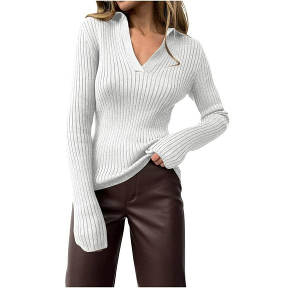 Utoimkio Solid Color Fall Sweater for Women Pullover V Neck Long Sleeve Cable Knitted Casual Loose Lightweight Sweaters for Women