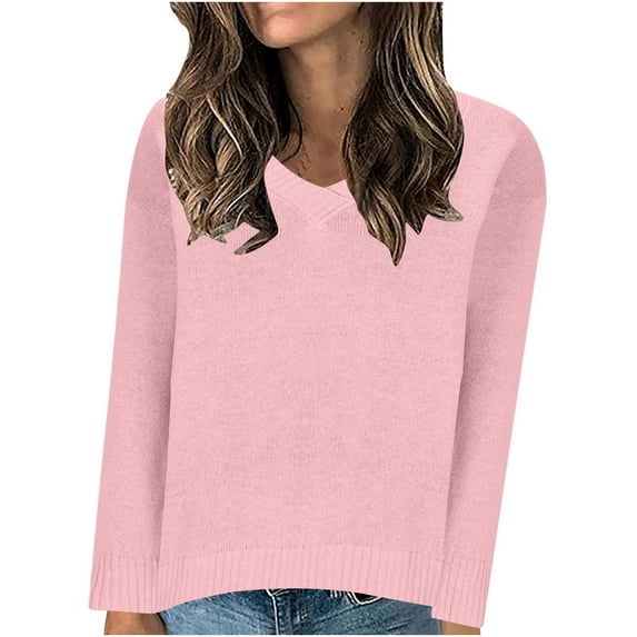 Utoimkio Solid Color Sweater for Women Pullover V Neck Long Sleeve Cable Knitted Casual Loose Lightweight Sweaters for Women