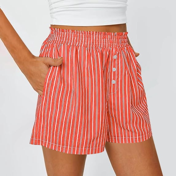 Utoimkio Striped Shorts for Women Smocked Waist with Decorative Buttons and Relaxed Fit