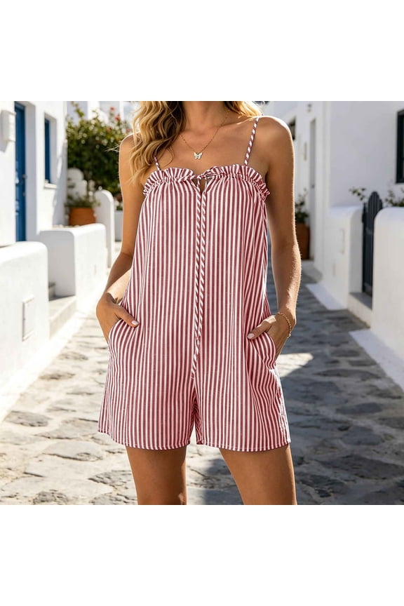 Striped Spaghetti Strap Romper Shorts for Women with Ruffled Neckline and Pockets