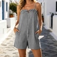 thumbnail image 1 of Utoimkio Striped Spaghetti Strap Romper Shorts for Women with Ruffled Neckline and Pockets, 1 of 8