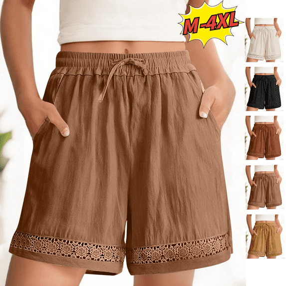Utoimkio Summer Linen Shorts for Women Casual Drawstring Beach Shorts High Waisted Shorts with Pockets Size M-4XL