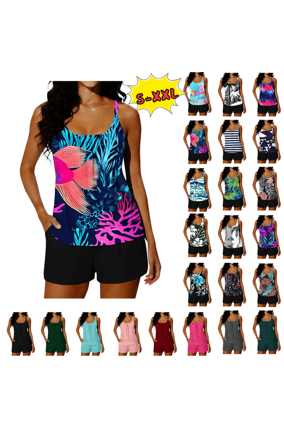 Tankini Swimsuits for Women Floral Print Two Piece Modest Bathing Suits for Women Tummy Control Vacation Beach Swimwear with Boyshorts Size S-XXL