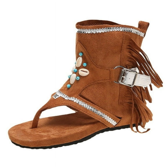 Utoimkio Tassel Flat Sandals for Women Retro Bohemian Gladiator Fringe Casual Shoes Flat Clip Toe Ankle Boots Beach Sandals T-Strap Roman Open Toe Sandals