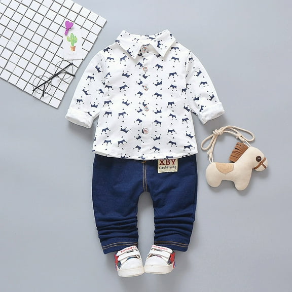 Utoimkio Toddler Baby Boy Clothes Long Sleeve Formal Shirt Button Down Blouse Denim Short Pants Clothes Summer Outfits Set for Boys 1-5 Years