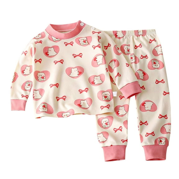 Utoimkio Toddler Baby Boy Girls Warm Pajama Set Kids Cute Bear Print Long Sleeve Crewneck Pullover Tops & Pjs Pants Set Fall Winter Sleepwear Clothes