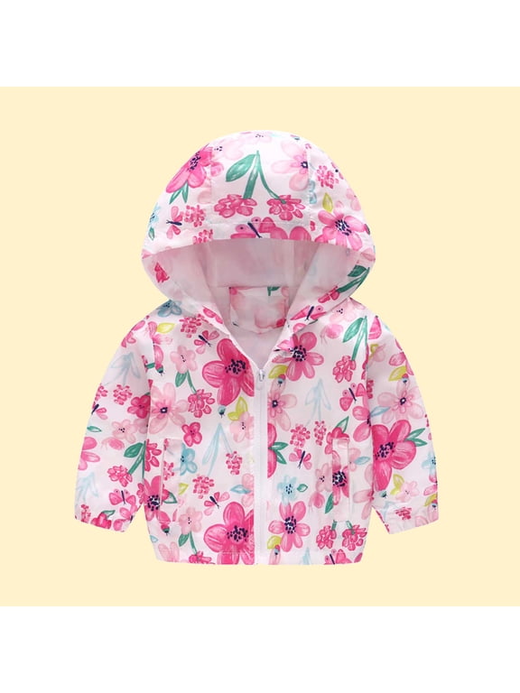 Toddler Baby Boys Girls Hooded Jackets Spring Fall Floral Print Coat Lightweight Windproof Outwear Kids Zipper Up Hooded Jackets for Kids 2-7 Years
