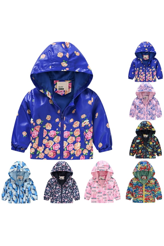 Toddler Baby Boys Girls Hooded Jackets Spring Fall Floral Print Coat Lightweight Windproof Outwear Kids Zipper Up Hooded Jackets for Kids 2-8 Years