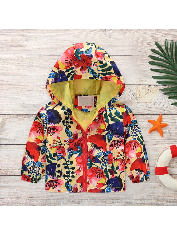Toddler Baby Boys Girls Hooded Jackets Spring Fall Floral Print Coat Lightweight Windproof Outwear Kids Zipper Up Hooded Jackets for Kids 2-8 Years