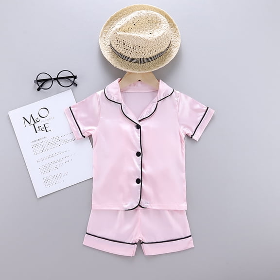 Utoimkio Toddler Baby Boys Girls Pajamas Short Sets Solid Satin 2 Piece Pjs Button Down Short Sleeve Shirts Shorts Set Home Sleepwear Summer Pajamas Clothes for Kids 1-6 Years