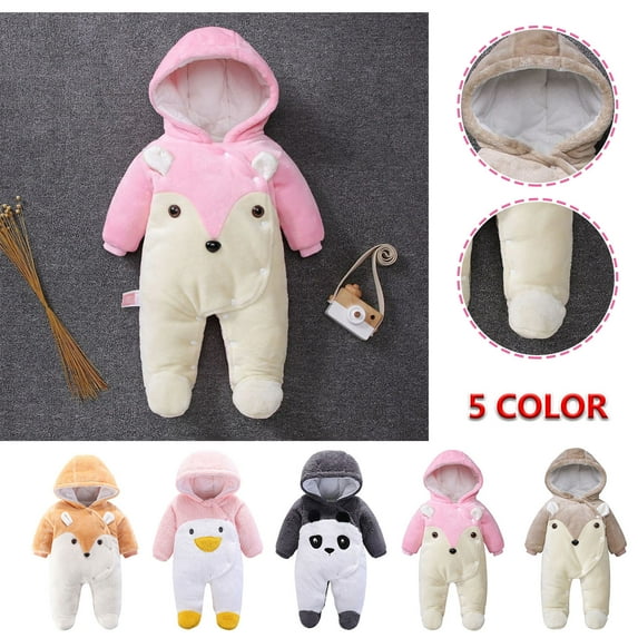 Utoimkio Toddler Baby Girl Boy Fleece Lined Jumpsuits Infant Cute Animal Print Button Down Snowsuit Newborn Hooded Romper Winter Thicken Warm Coat Outwear Winter Clothes Outfits