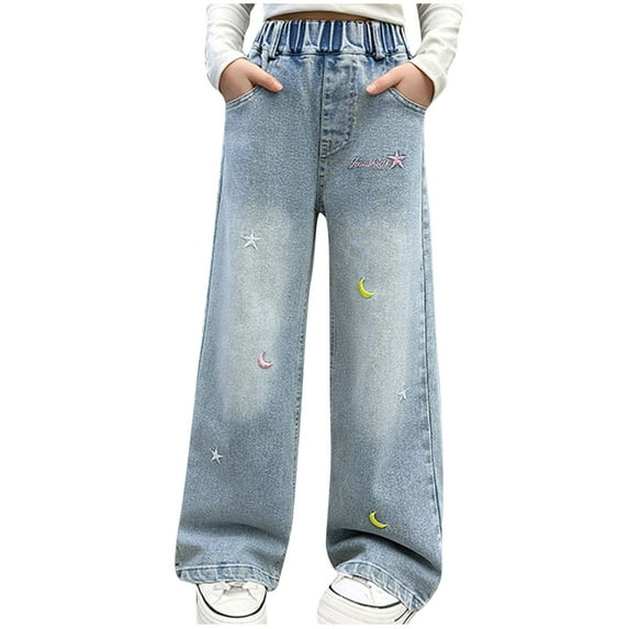 Utoimkio Toddler Girls Pull On Cargo Denim Pants Casual Loose Wide Leg Lounge Pants Size 5-15T