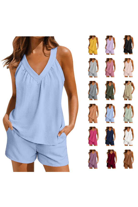 Two Piece Pajama Sets for Women Sleeveless V Neck Sleepwear Tank Tops and Shorts Summer Casual Pjs Lounge Sets Size S-XXL