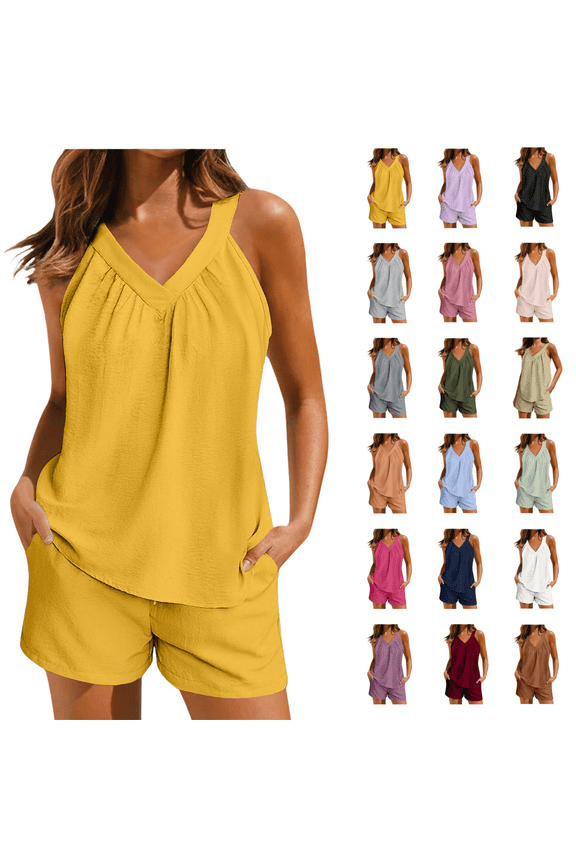 Two Piece Pajama Sets for Women Sleeveless V Neck Sleepwear Tank Tops and Shorts Summer Casual Pjs Lounge Sets Size S-XXL