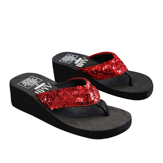Utoimkio Wedge Sandals for Women Dressy Women's Summer Wedge Heel Flip Flops Sequin Slippers Beach Non-slip Shoes
