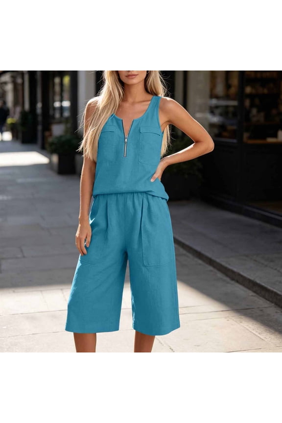 Women's 2 Piece Casual Set,Sleeveless Tank Top with Patch Pockets & Matching Culottes