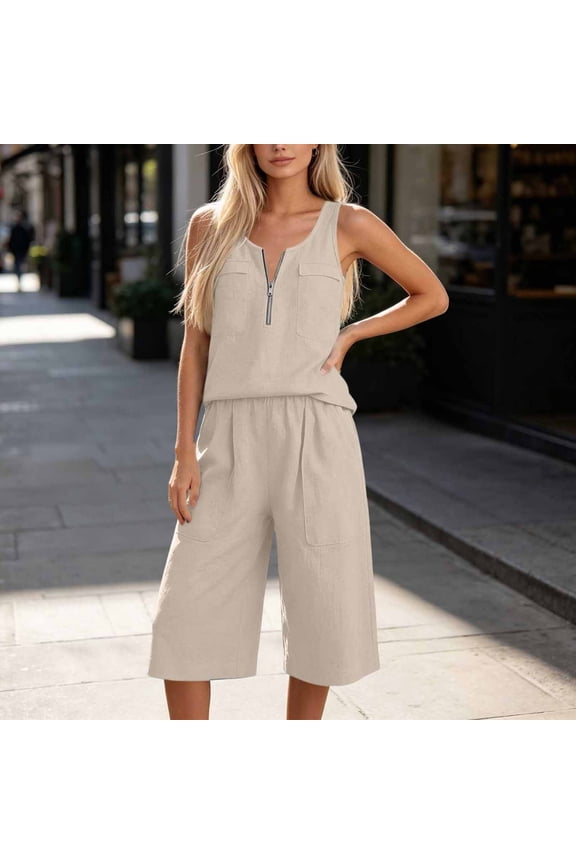 Women's 2 Piece Casual Set,Sleeveless Tank Top with Patch Pockets & Matching Culottes