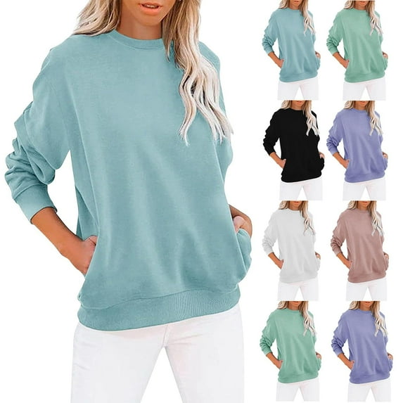 Utoimkio Women's 2023 Casual Crewneck Sweatshirts Long Sleeve Loose Solid Pullover Tops Fall Pullover Sweatshirts with Pockets