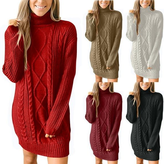 Utoimkio Women's 2023 Turtleneck Oversized Sweater Dress Long Sleeve Pullover Sweater Dress for Women Fall Winter Cable Knit Striped Loose Fit Warm Outwear