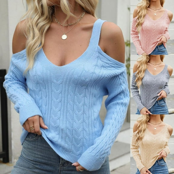 Utoimkio Women's 2025 Off Shoulder Fall Sweater Long Sleeve V Neck Knit Casual Slim Fitted Pullover Tops for Women