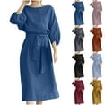 thumbnail image 1 of Utoimkio Women's 3/4 Lantern Sleeve Cotton Linen Midi Dress Crewneck Casual Loose A-Line Swing Dresses for Women, 1 of 8