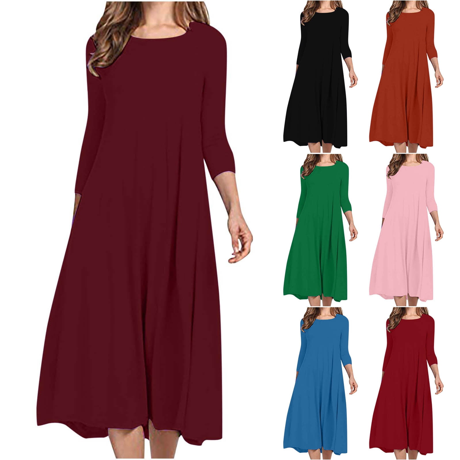 Utoimkio Women's 3/4 Sleeve Loose Cotton Linen Midi Dresses Fall Casual