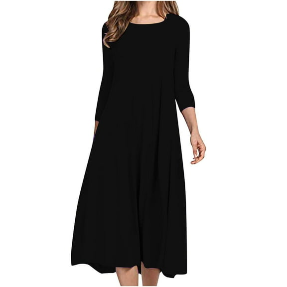 Utoimkio Women's 3/4 Sleeve Loose Cotton Linen Midi Dresses Fall Casual Baggy Loose Crewneck Long Dresses for Women