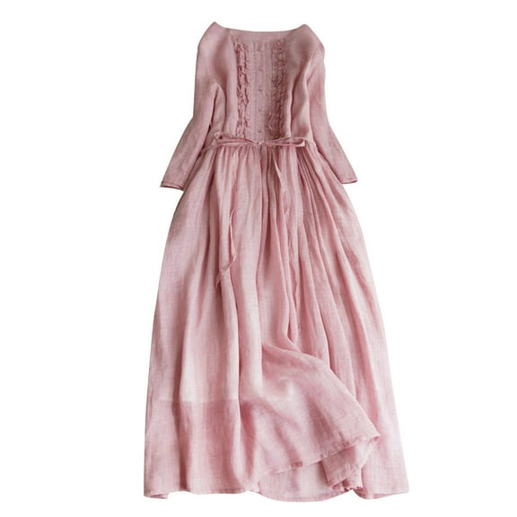 Utoimkio Women's 3/4 Sleeve Ruched Cotton Linen Swing Dresses Casual Loose Crewneck Long Midi Dresses with Belted