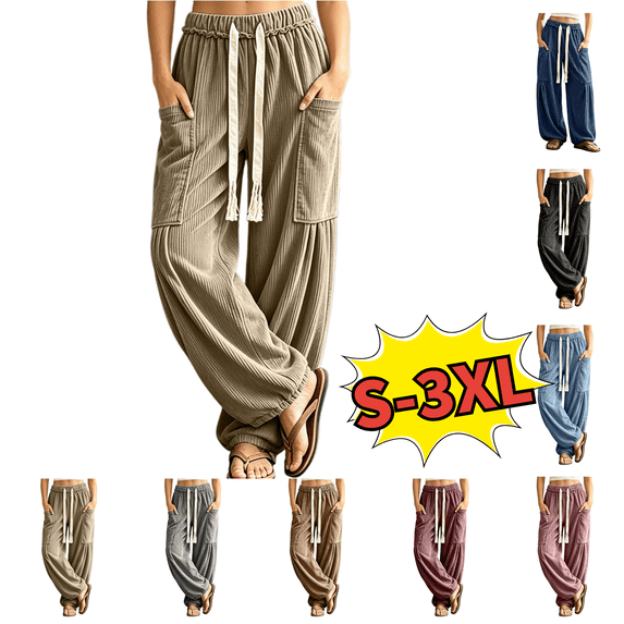 Utoimkio Women's Baggy Wide Leg Pants Casual Drawstring Harem Pants Elastic Waist Boho Casual Trousers with Pockets Size S-3XL