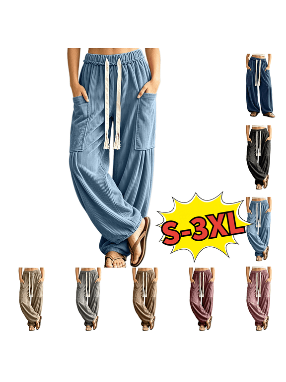 Women's Baggy Wide Leg Pants Casual Drawstring Harem Pants Elastic Waist Boho Casual Trousers with Pockets Size S-3XL