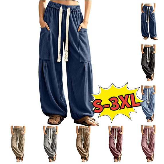 Utoimkio Women's Baggy Wide Leg Pants Casual Drawstring Harem Pants Elastic Waist Boho Casual Trousers with Pockets Size S-3XL