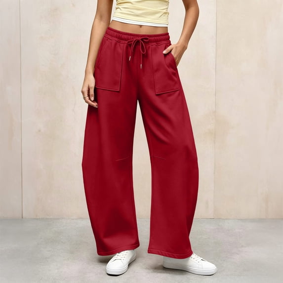 Utoimkio Women's Barrel Sweatpants Drawstring Elastic High Waist Patch Pocket Oversized Loose Trousers with Side Pockets for Daily Lounging