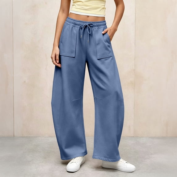 Utoimkio Women's Barrel Sweatpants Drawstring Elastic High Waist Patch Pocket Oversized Loose Trousers with Side Pockets for Daily Lounging