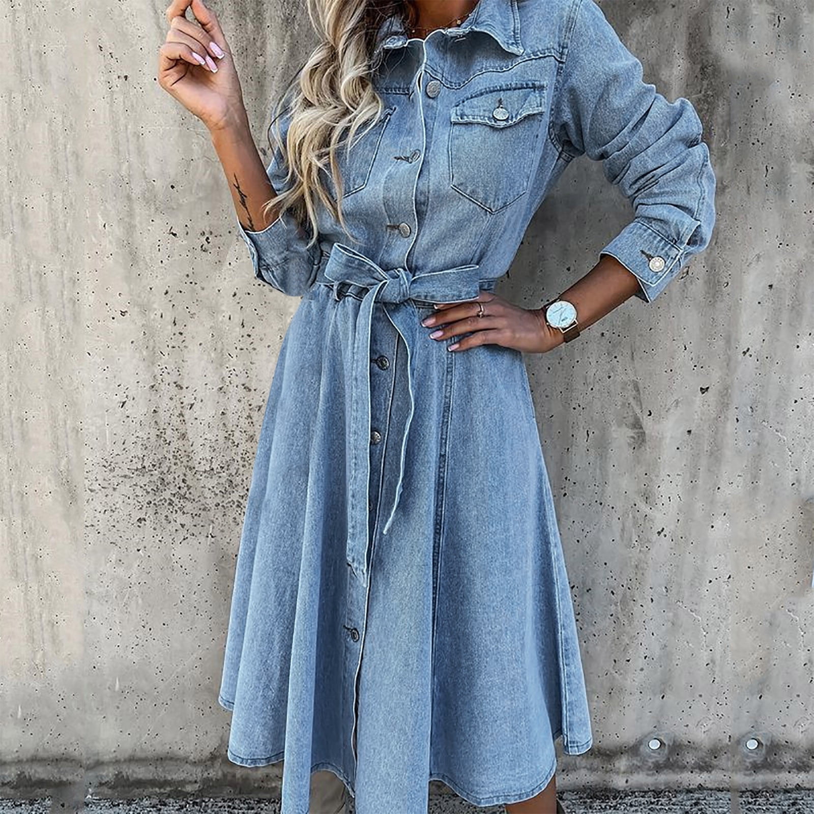 Utoimkio Women's Button Down Long Sleeve Denim Dresses