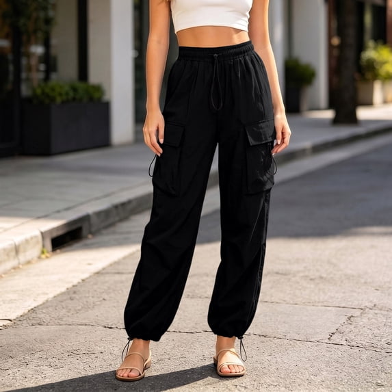 Utoimkio Women's Cargo Jogger Pants Elastic Drawstring Waist Multi Flap Side Pockets Adjustable Cuffed Ankle Outdoor Casual Bottoms