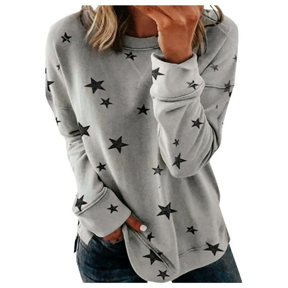 Utoimkio Women's Casual Crewneck Sweatshirts Long Sleeve Loose Cute Star Print Pullover Tops Fall Pullover Sweatshirts Tops Shirts